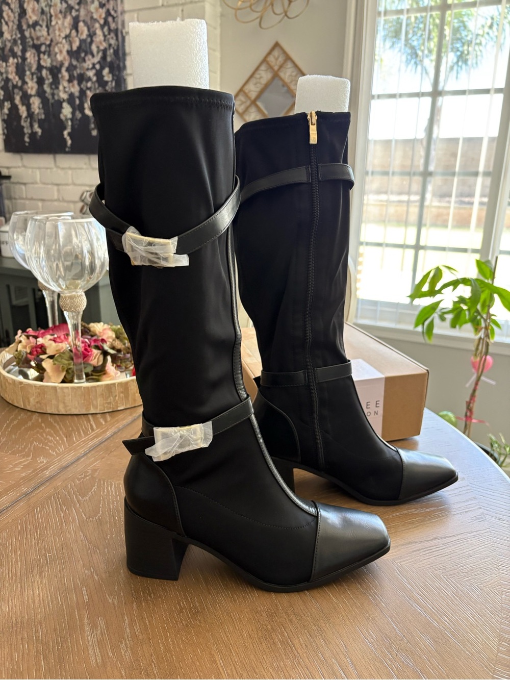 Journee Collection Black Mid-Calf Block Heel Boots with Strap Detail